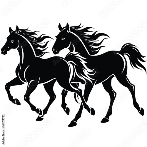 Silhouette of Running Horses in Motion on White Background