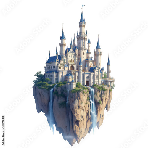 A fairytale castle on a floating island with waterfalls against a black background illustration