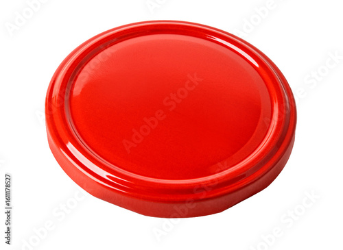 Foto Shiny red metal lid isolated on white background for preserving food
