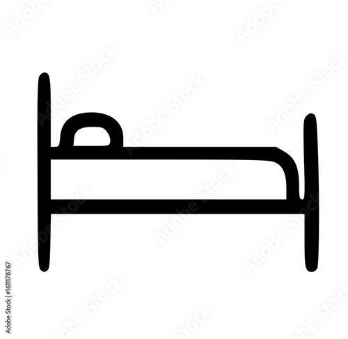 Simple black and white line drawing of a bed with a pillow.