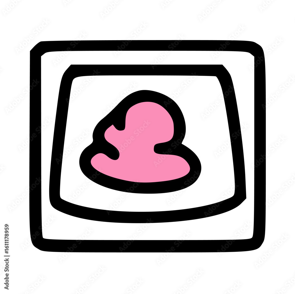 A stylized drawing of pink cream or filling inside a square container or dish. A stylized drawing of pink cream or filling inside a square container or dish.