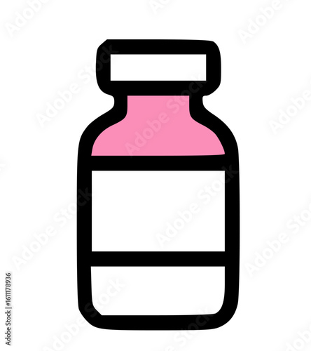 Simplified illustration of a medicine vial containing a pink liquid, labeled.