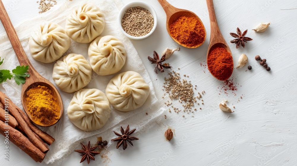 Obraz premium Georgian-style dumplings (khinkali) and spices on a white surface, overhead perspective