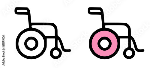 Two wheelchair illustrations, one with a pink wheel, representing accessibility and mobility.