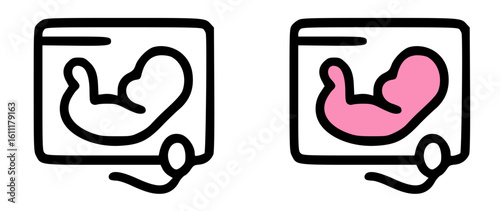 Two ultrasound icons, one in black and white, one in pink, depicting a fetus.