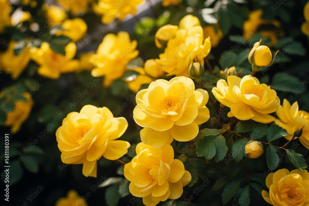 Obraz premium Yellow roses blooming in a garden, illuminated by sunlight, creating a vibrant and colorful display
