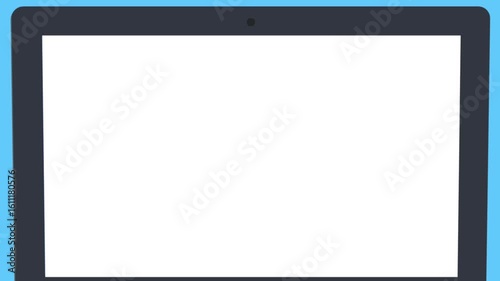 Animated laptop opening sequence with a blank screen on blue background for tech presentations