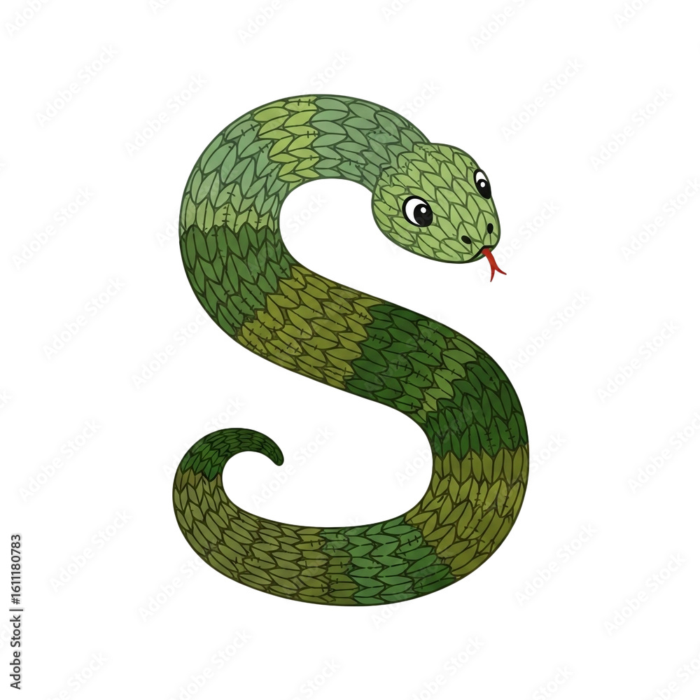 Fototapeta premium A stylized illustration presents a serpentine creature shaped like the letter S with textured scales and a playful expression.