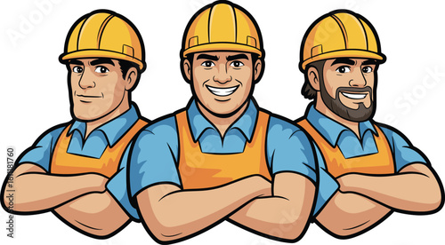 Group of construction workers, smiling builders, cartoon team illustration, safety helmet, vector design, strong men, teamwork concept, editable artwork