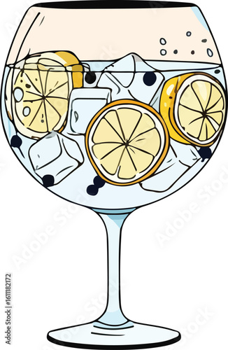 Refreshing gin tonic with lemon slices and ice cubes in a tall glass style vector illustration EPS file download