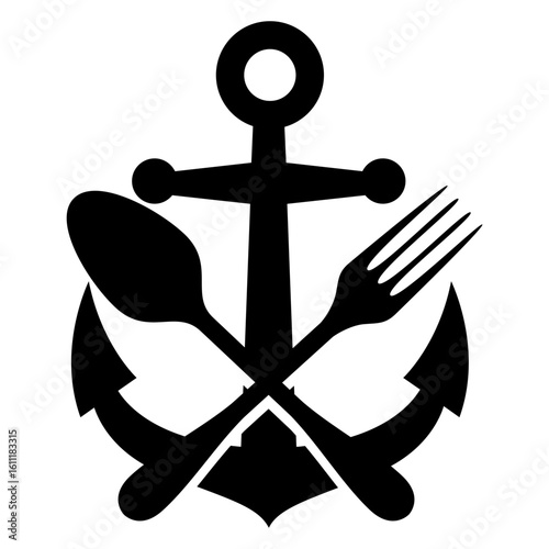 Logo restaurante. Icono con ancla de barco con cubiertos cruzados 