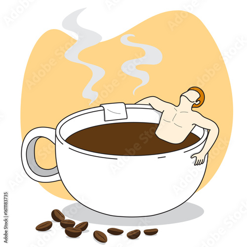 vector illustration of a man bathing in a steaming cup of coffee, symbolizing relaxation, caffeine addiction, and surreal morning vibes. Perfect for editorial or lifestyle design. 
