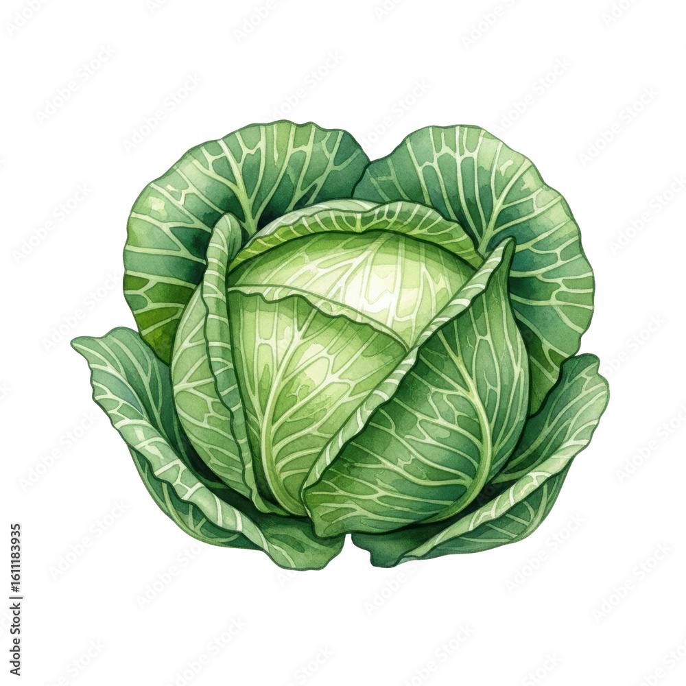 Fototapeta premium Detailed watercolor illustration of a fresh green cabbage, ideal for healthy food concepts, recipe designs, and vegetable themed graphics.