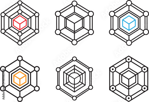 Set of abstract geometric icons with a 3D cube inside a hexagonal network, representing modern technology and data.