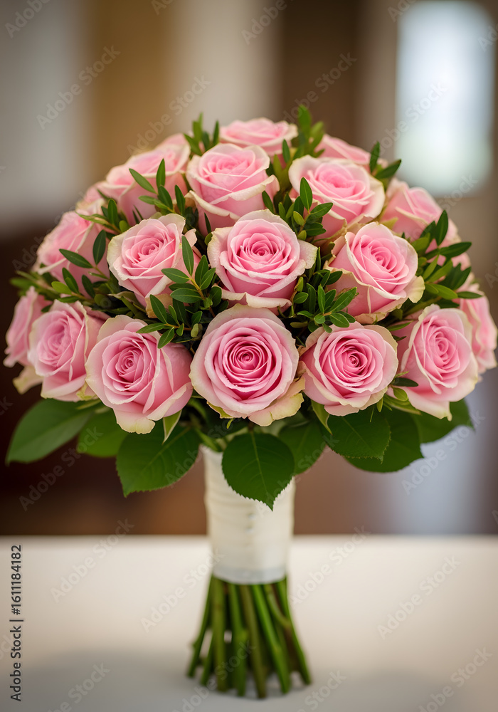 Obraz premium A beautiful bouquet of pink roses arranged elegantly with green leaves, perfect for weddings or special occasions.