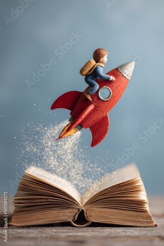 Child on rocket flying from book, imagination and future dream