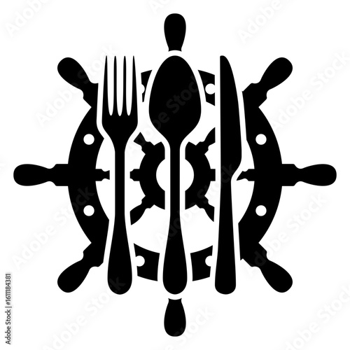 Logo restaurante. Icono con volante de timón de barco con cubiertos