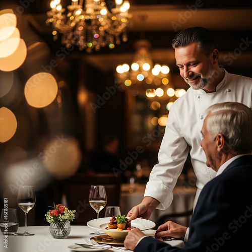 Chef serving a gourmet meal to a distinguished gentleman in a fine dining restaurant