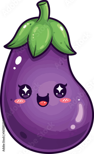 Cute Kawaii Eggplant with Smiling Face – Cartoon Vector Illustration