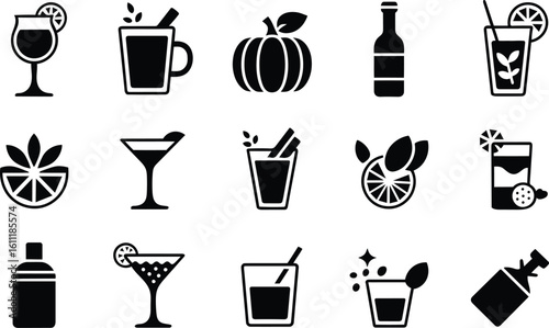 Black and white cocktail icons:  a diverse collection of stylish beverage illustrations.