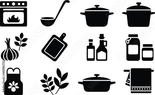 Black and white minimalist cooking icons: oven, pots, pans, herbs, and kitchen essentials.
