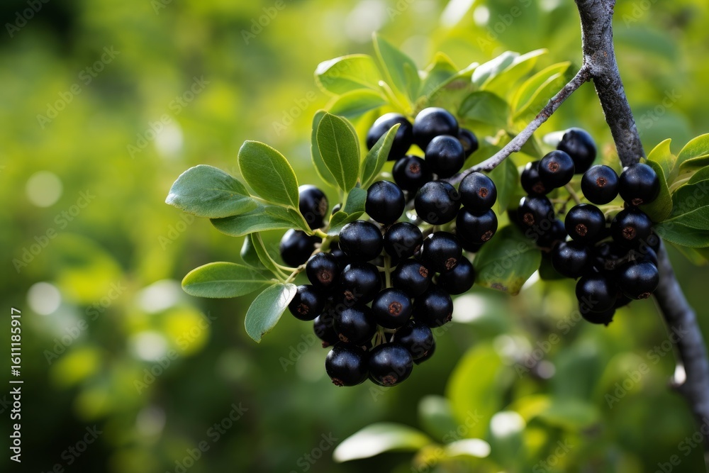 Close up of ripe alder buckthorn berries hanging on a branch, showcasing the beauty of nature's bounty Close up of ripe alder buckthorn berries hanging on a branch, showcasing the beauty of nature's bounty
