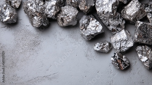 Top view of scattered silver nuggets on a gray table, room left for additional content