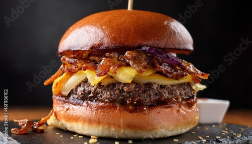 close up of a double smash burger featuring caramelized onion highlighting the delicious layers and textures of this mouthwatering double smash burger indulge in the flavors of this double smash