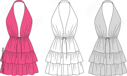 Halter neck tiered summer dresses illustration, pink white gray fashion sketch, cad drawing flat vector illustration, garment design neck tiered summer dresses illustration, pink white gray 