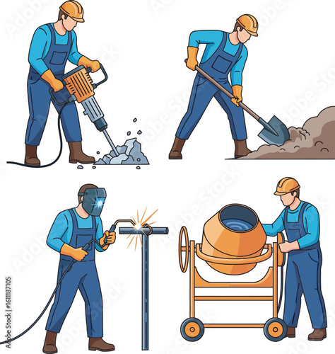 Construction workers performing various tasks, including jackhammering, digging, welding, and concrete mixing.