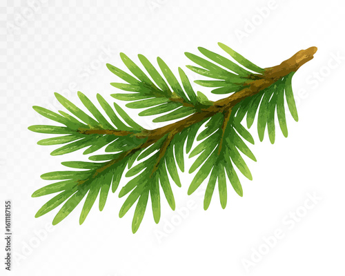 Watercolor fir tree branch with green pine needles, hand-painted coniferous botanical element in forest style for natural winter or holiday decor. Vector illustration.