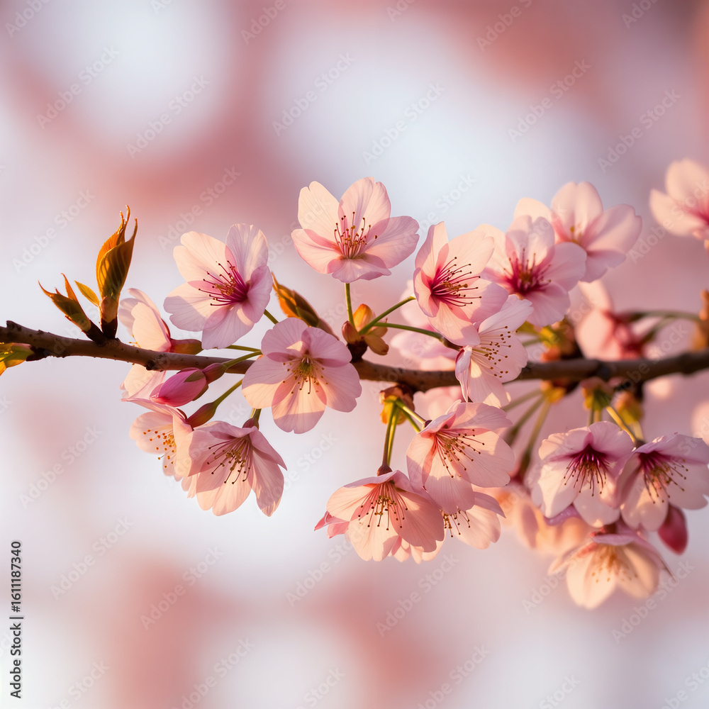 Obraz premium Close-up showcasing delicate pink cherry blossoms in soft focus, illuminated by warm, gentle light.