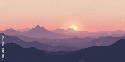 Soft Orange Sunset Horizon Over Purple Mountains in Minimal Landscape Vector Illustration