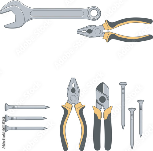 Illustration of various tools including wrenches, pliers, nail clippers, and nails arranged on a white background.