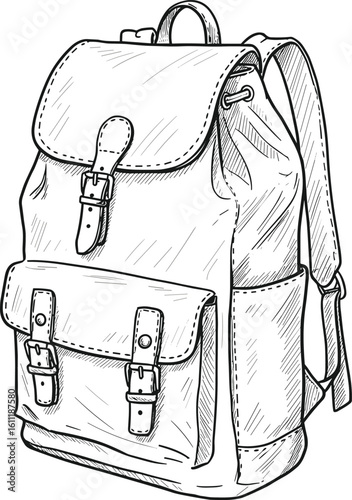 Hand-drawn vintage backpack sketch, school bag illustration, leather rucksack vector drawing, travel gear outline, fashion accessory template, cad drawing flat vector illustration