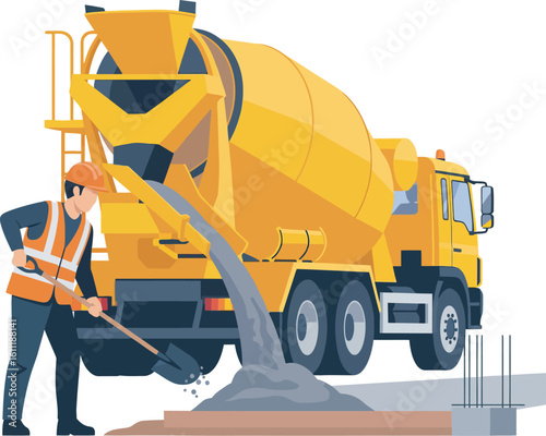 Construction worker shoveling concrete being poured from a yellow cement truck on a construction site.