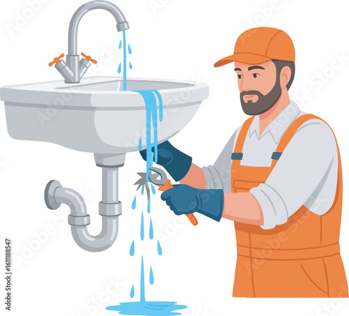 A plumber repairs a leaking sink with tools, water flowing.