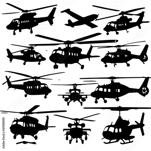 Collection of Military and Civilian Helicopter Silhouettes with Drone
