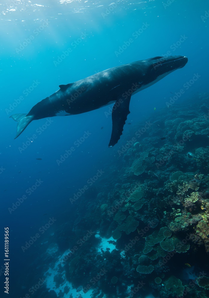 Fototapeta premium Large Whale Swimming Underwater Near Coral Reef in Deep Ocean Scene
