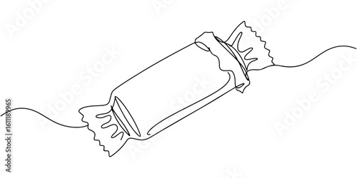 Continuous one line drawing of candy bar with opened wrapper, representing Halloween treat, line art style vector illustration.