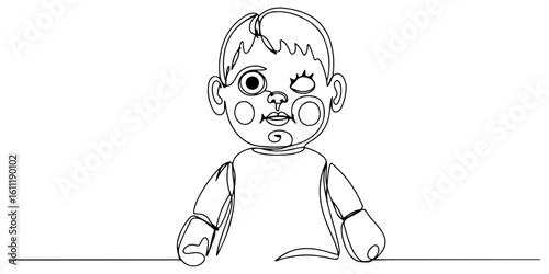Continuous one line drawing of a broken doll with one eye, representing a Halloween cursed toy, line art style vector illustration.