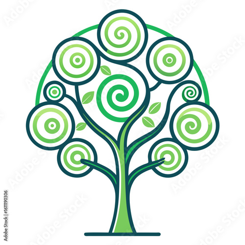 Stylized Green Tree with Spirals and Leaves Symbolizing Growth Nature and Environmental Awareness