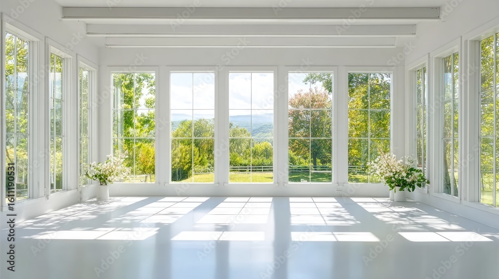 Fototapeta premium Sunlit white space with panoramic green views​