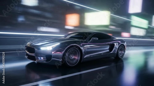 Futuristic Silver Sports Car Racing Through a NeonLit City at High Speed. 4k Footage Background Animation Video