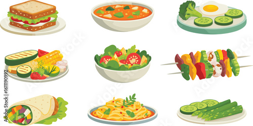 Healthy vegetarian food collection, fresh meals including salad, soup, sandwich, grilled vegetables, wrap, pasta, skewers, perfect for diet, nutrition, recipe, and cooking design