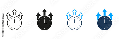 Clock With Upward Arrows Line And Solid Icon Set. Time Management, Productivity Increase, And Efficiency Improvement Symbol Collection. Business Growth And Success. Isolated Vector Illustration