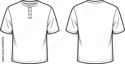 Henley neck t-shirt flat sketch, short sleeve shirt CAD template, front and back vector view, apparel design mockup