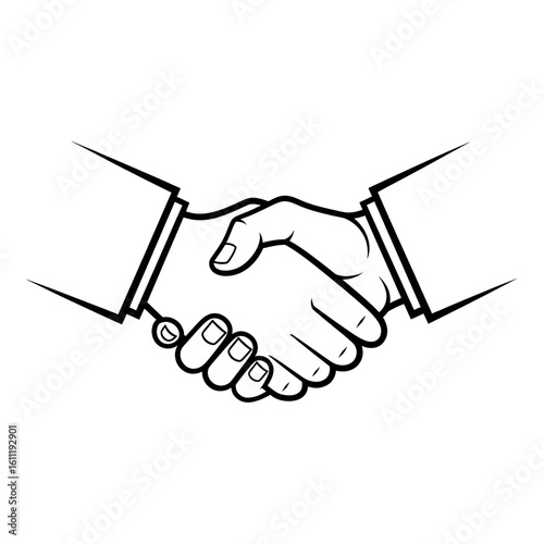 A black and white illustration of two hands clasped together in a handshake 
