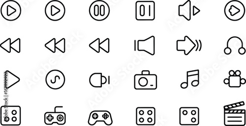Hand drawn music and media player icons set.A collection of simple, hand-drawn icons representing various media playback controls, audio functions, and entertainment elements.