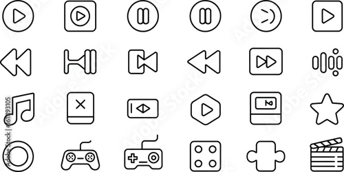 Collection of hand drawn multimedia and entertainment icons.